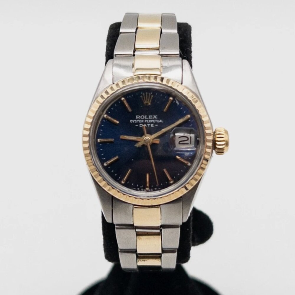 Estate BLACK DIAL Ladies 14k Yellow Gold SS Rolex DATE Watch SERVICED